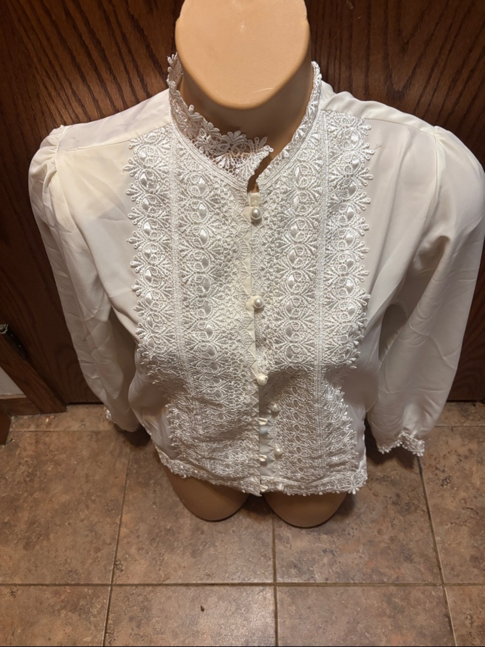 Vintage White Lace-Front Button-Down Blouse